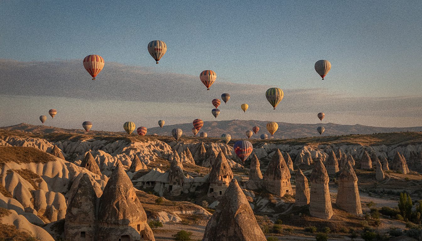 Decine di mongolfiere sopra i camini di fata della Cappadocia alla luce dell'alba