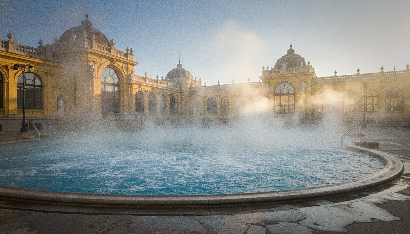 Piscina termale all'aperto con vapore al mattino in un grande edificio storico giallo a Budapest